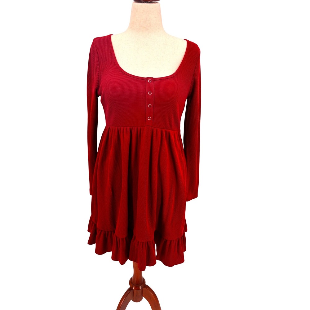 Wild Fable Waffle Knit Baby Doll Dress Womens Cranberry Empire Waist Ruffle L - Picture 3 of 10